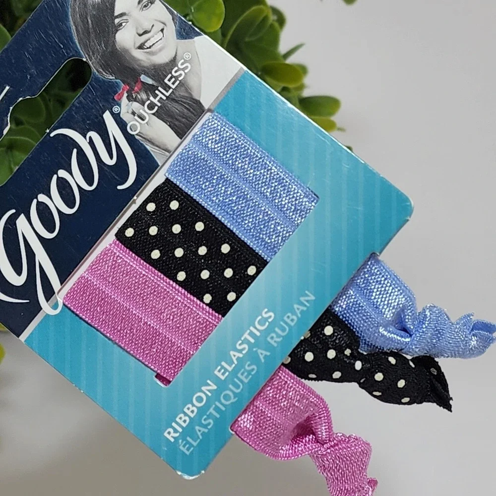 Goody Ouchless Ponytailers Ribbon Elastic Hair Tie 3 PCS Polka Black Blue Pink